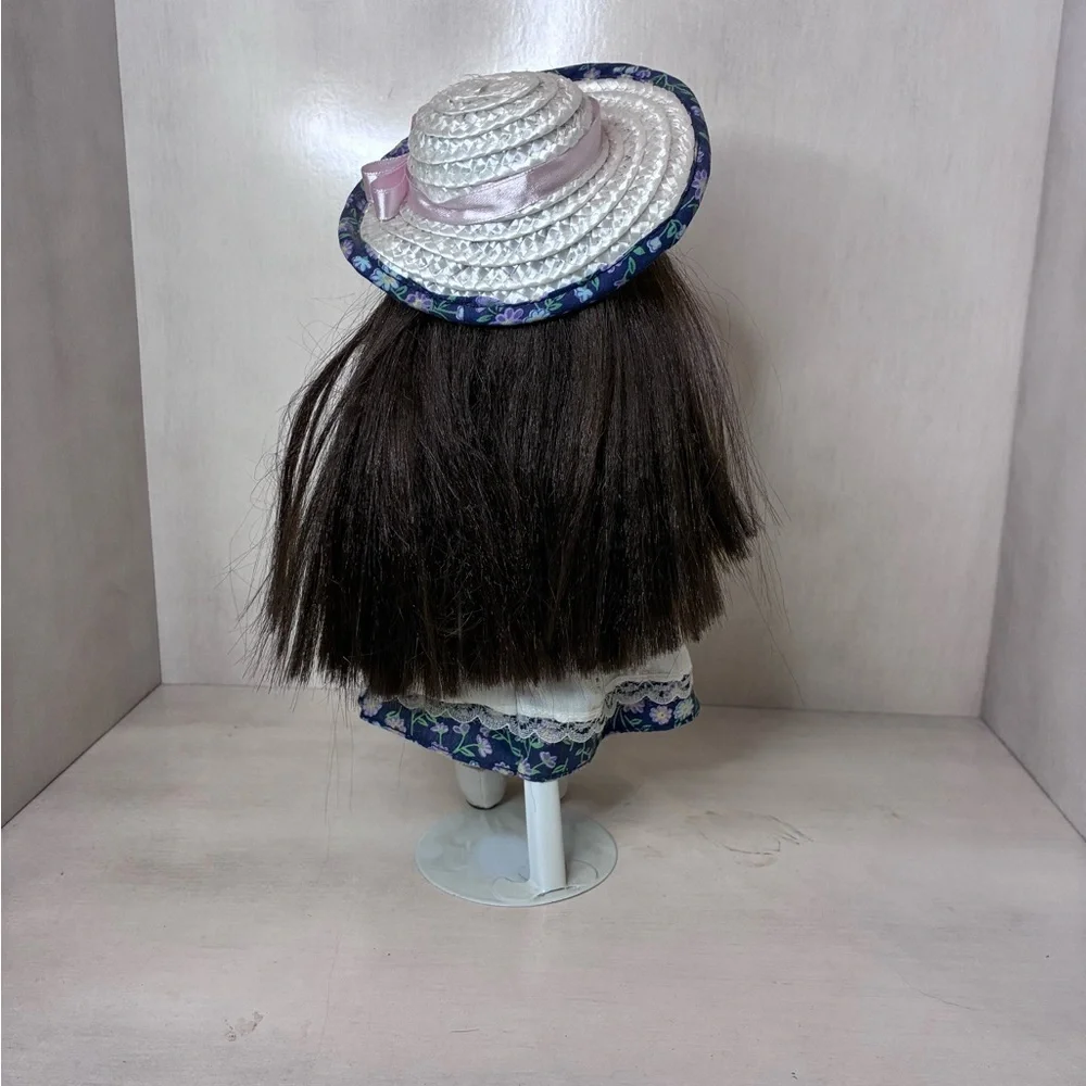 Porcelain Doll with Pink Plush Bunny - White & Navy Dress